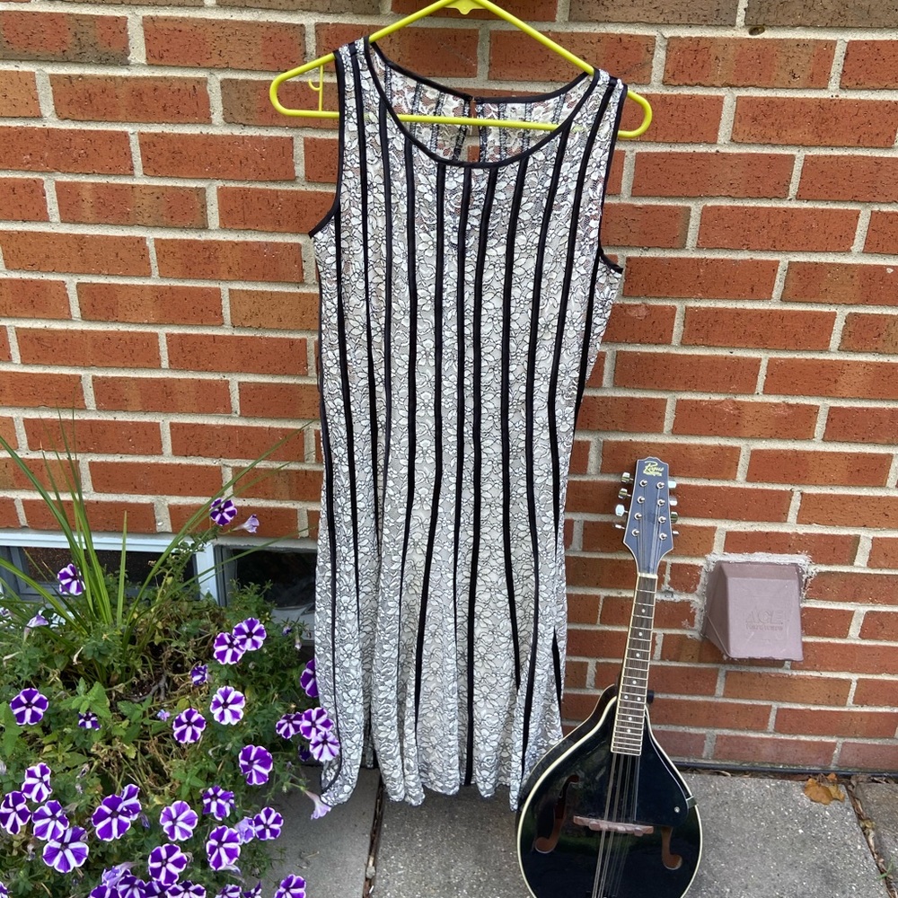 Elegant black+white lace dress w vertical stripes